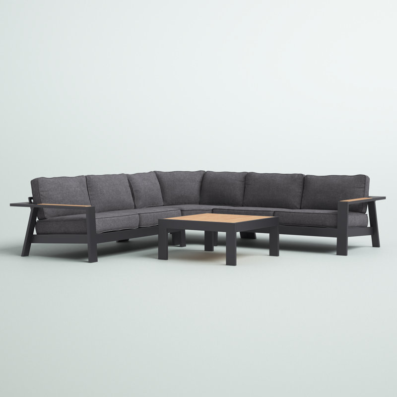 Greyleigh Abston 4 Piece Outdoor Sectional Set with Dark Gray Cushions and Natural Teak Wood Accent Wayfair